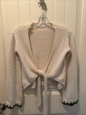 Sage Cream Tie-Front Knit Cardigan with Green Trim